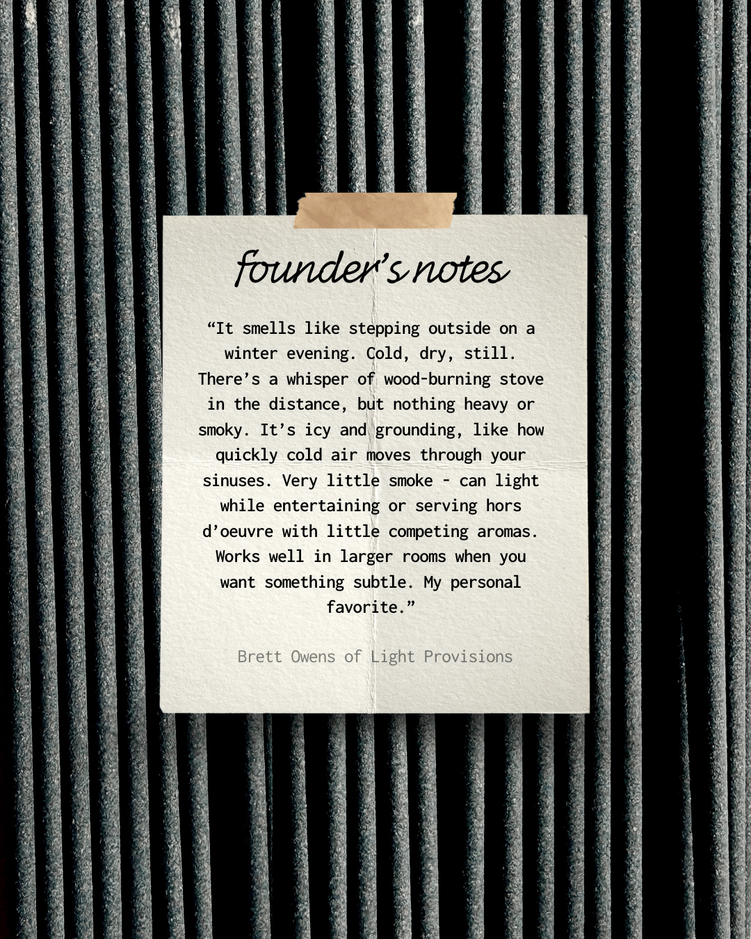 Founder's Notes card displayed on IYÉ No. 001 Birth incense sticks