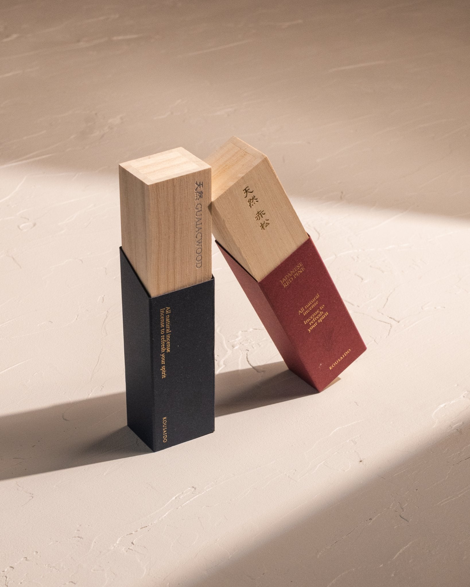 Kousaido Red Pine and Guaiac Wood premium incense boxes with bamboo wood cases