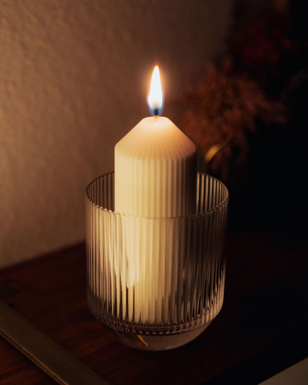 Palo Santo & Ginger Refill candle burning in Light Provisions glassware