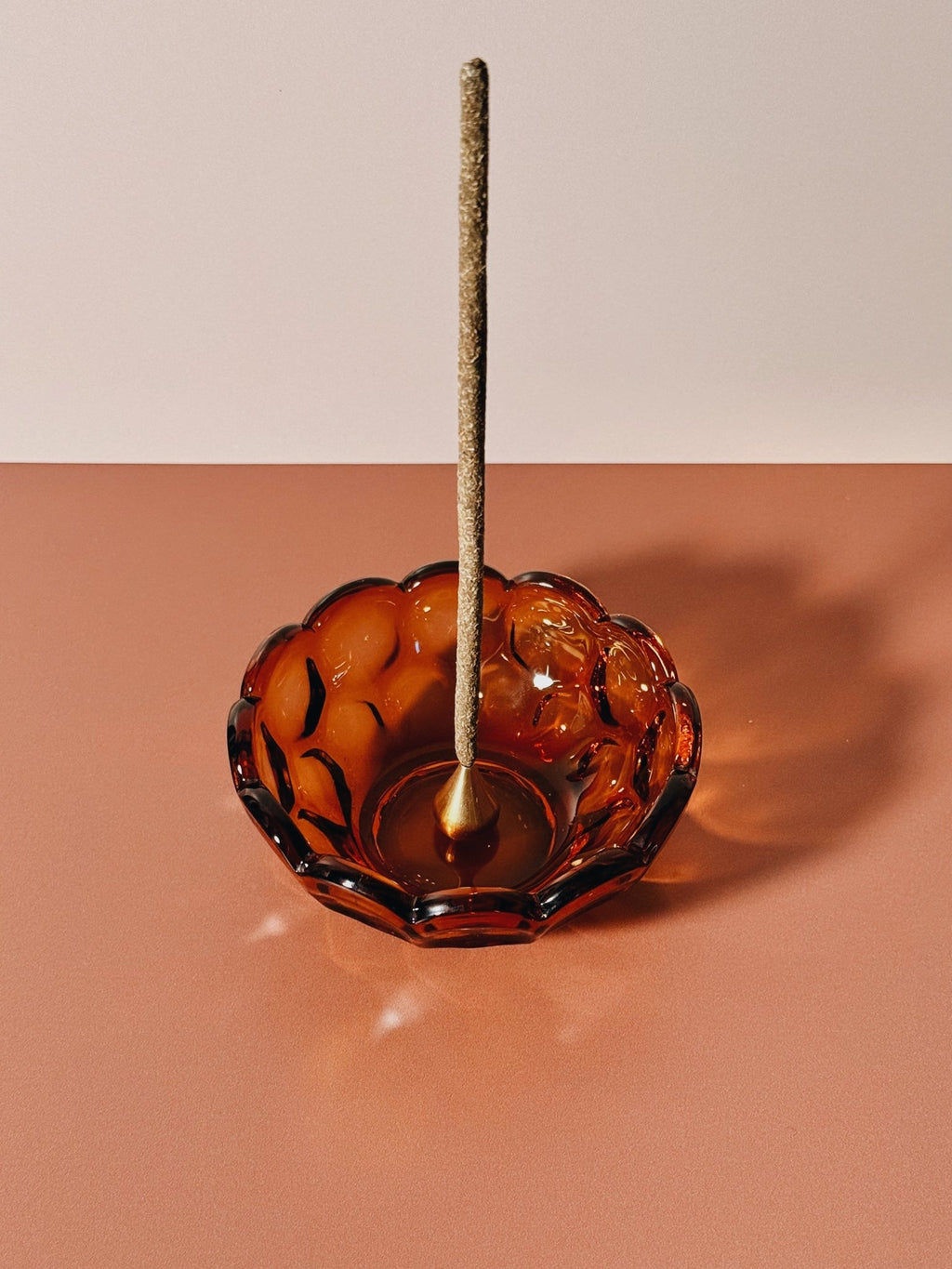 vintage amber glass bowl with scalloped edge and incense stick | Provincial Amber Collection by Imperial Glass