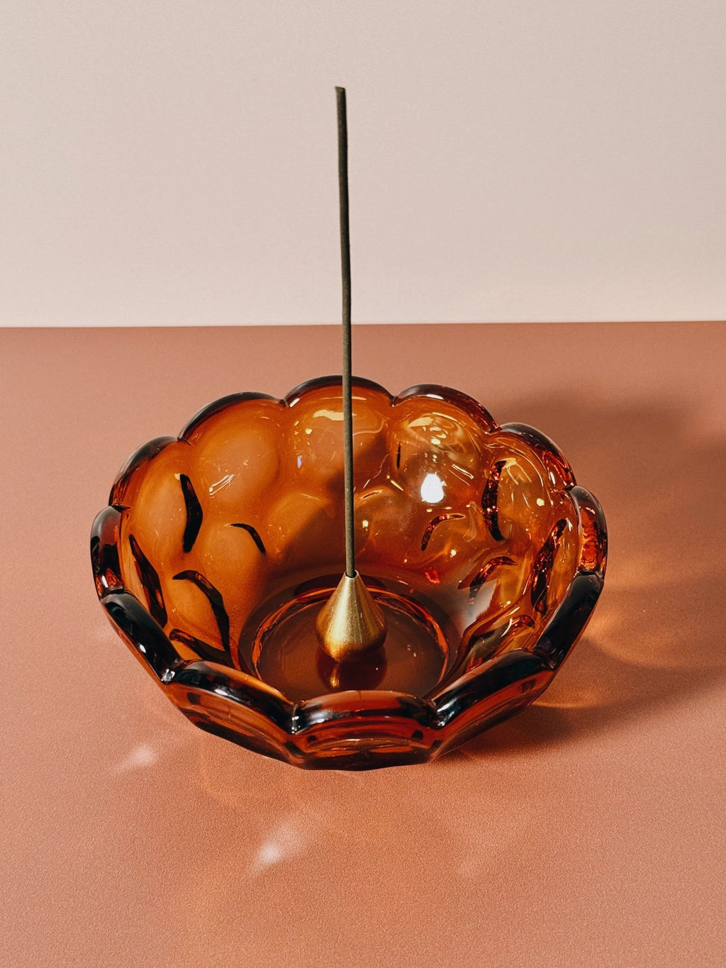 vintage amber glass bowl with scalloped edge and I/YE incense stick | Provincial Amber Collection by Imperial Glass