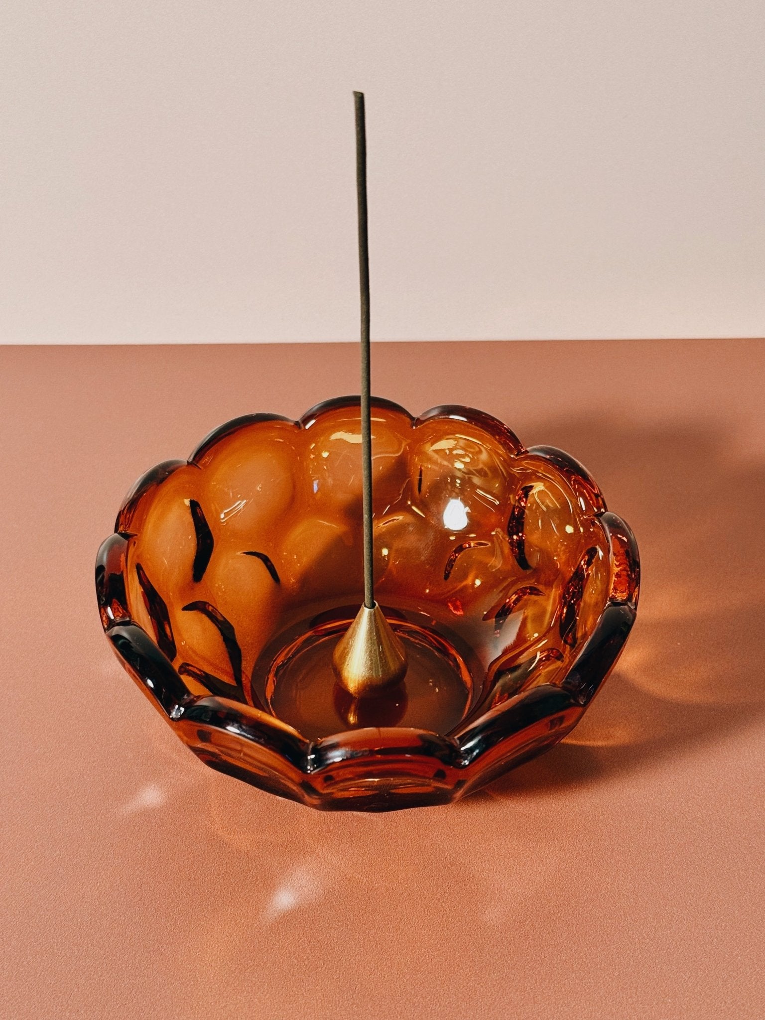 vintage amber glass bowl with scalloped edge and I/YE incense stick | Provincial Amber Collection by Imperial Glass