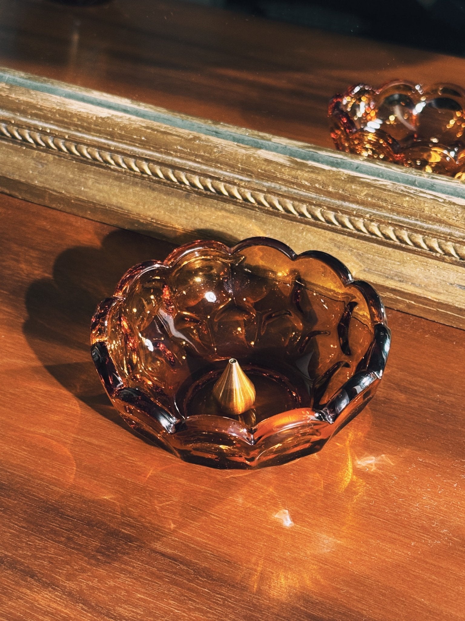 Provincial Amber Collection by Imperial Glass - Scalloped dish with incense holder - shot on natural wood surface