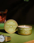 Light Provisions Anise & Evergreen soy candle tin with ribbed lid, eco-friendly holiday candle
