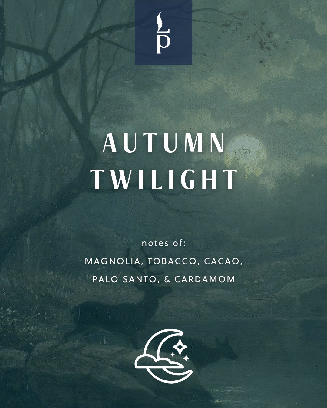 Autumn Twilight candle scent graphic with botanical illustration and note list of magnolia, tobacco, cacao, and ginger.