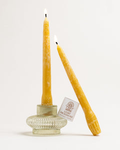 Burning beeswax taper candles by Light Provisions, set in ribbed glass holder, warm natural flame.