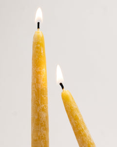 Close-up of lit Light Provisions beeswax taper candles, showing natural beeswax bloom and soft glow.