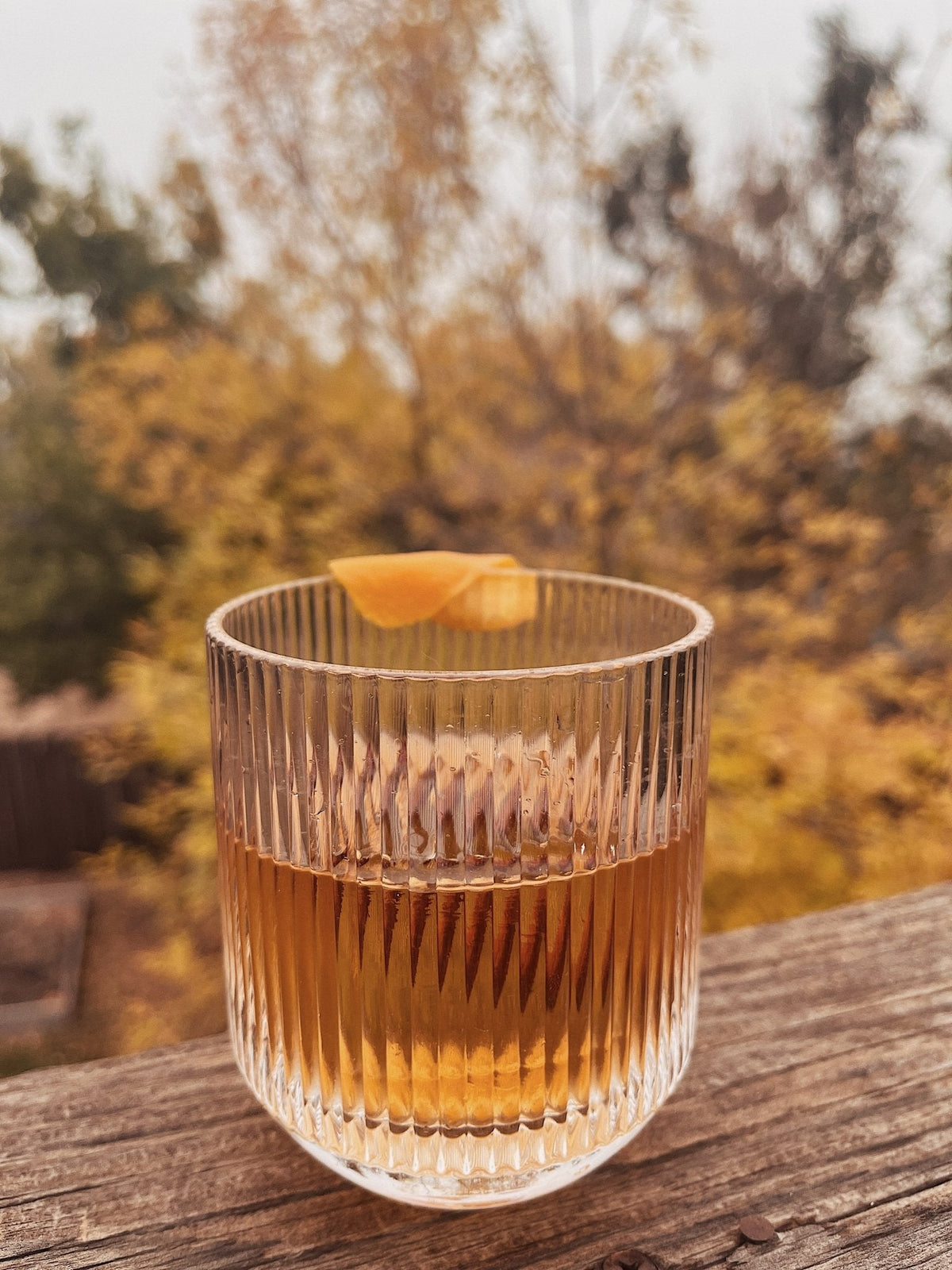 Ribbed glass tumbler filled with an Old Fashioned cocktail, garnished with an orange peel, outdoors above fall foliage.