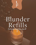 Promotional graphic for Blunder Refills featuring a lit candle in a ribbed glass holder on a dark brown background with overlaid text reading 'Blunder Refills' and 'Perfectly imperfect, $5 off.'.