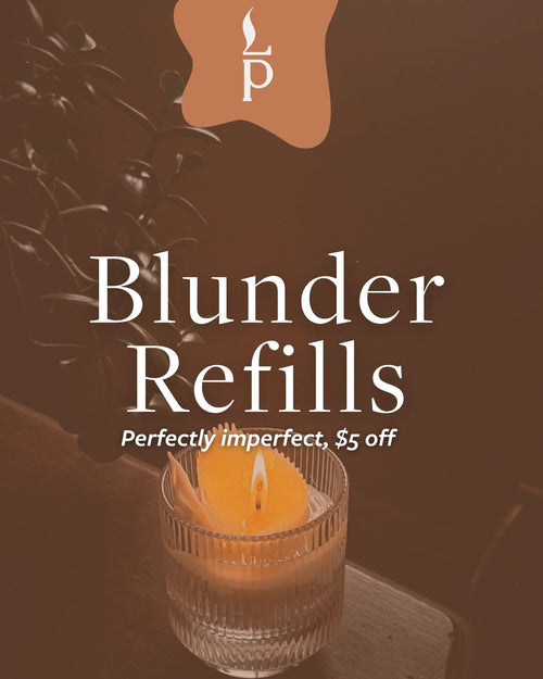 Promotional graphic for Blunder Refills featuring a lit candle in a ribbed glass holder on a dark brown background with overlaid text reading 'Blunder Refills' and 'Perfectly imperfect, $5 off.'.