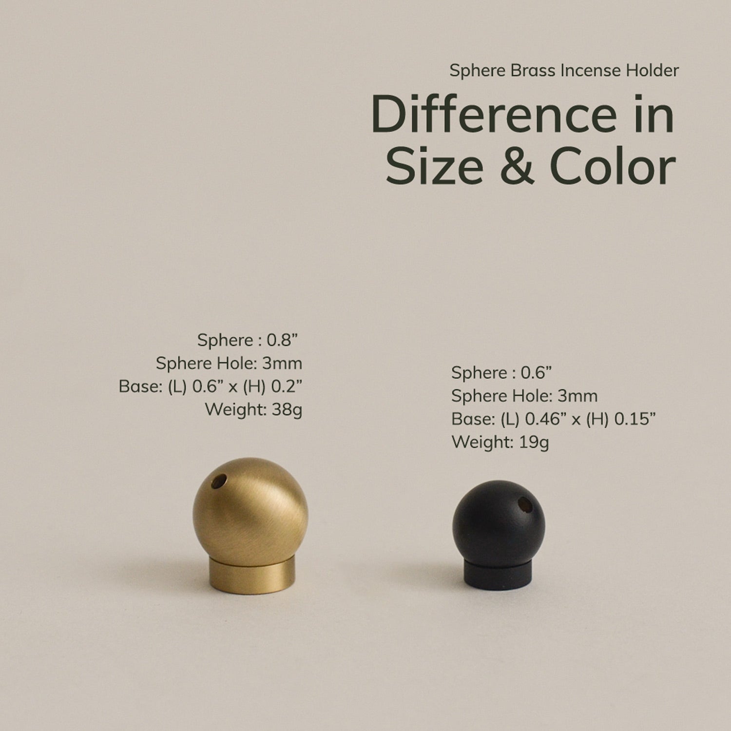 Two brass incense holders, one gold and one black, on a beige background with text detailing their dimensions and weights.