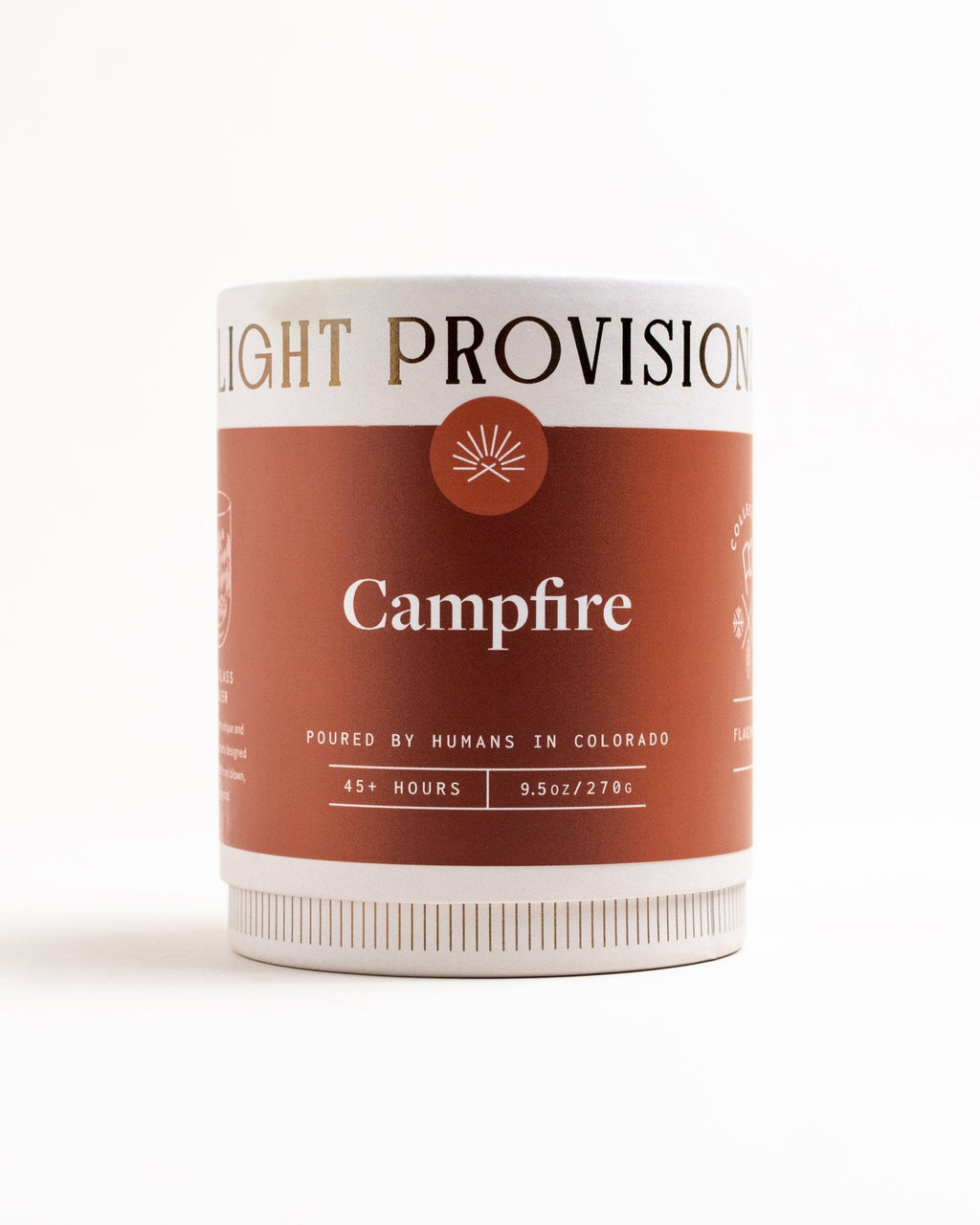 Light Provisions Campfire candle in 9.5 oz glass tumbler, rust-colored label, hand-poured in Colorado Springs.