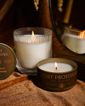 Light Provisions Dry Leaves & Cardamom candle in glass tumbler and travel tin with warm autumn styling
