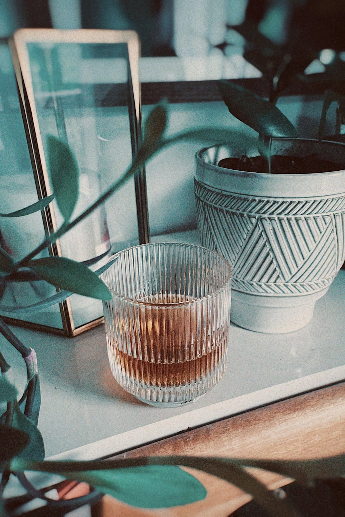 Ripple glassware with an amber cocktail, photographed on a shelf beside houseplants, a lantern, and a ceramic planter.