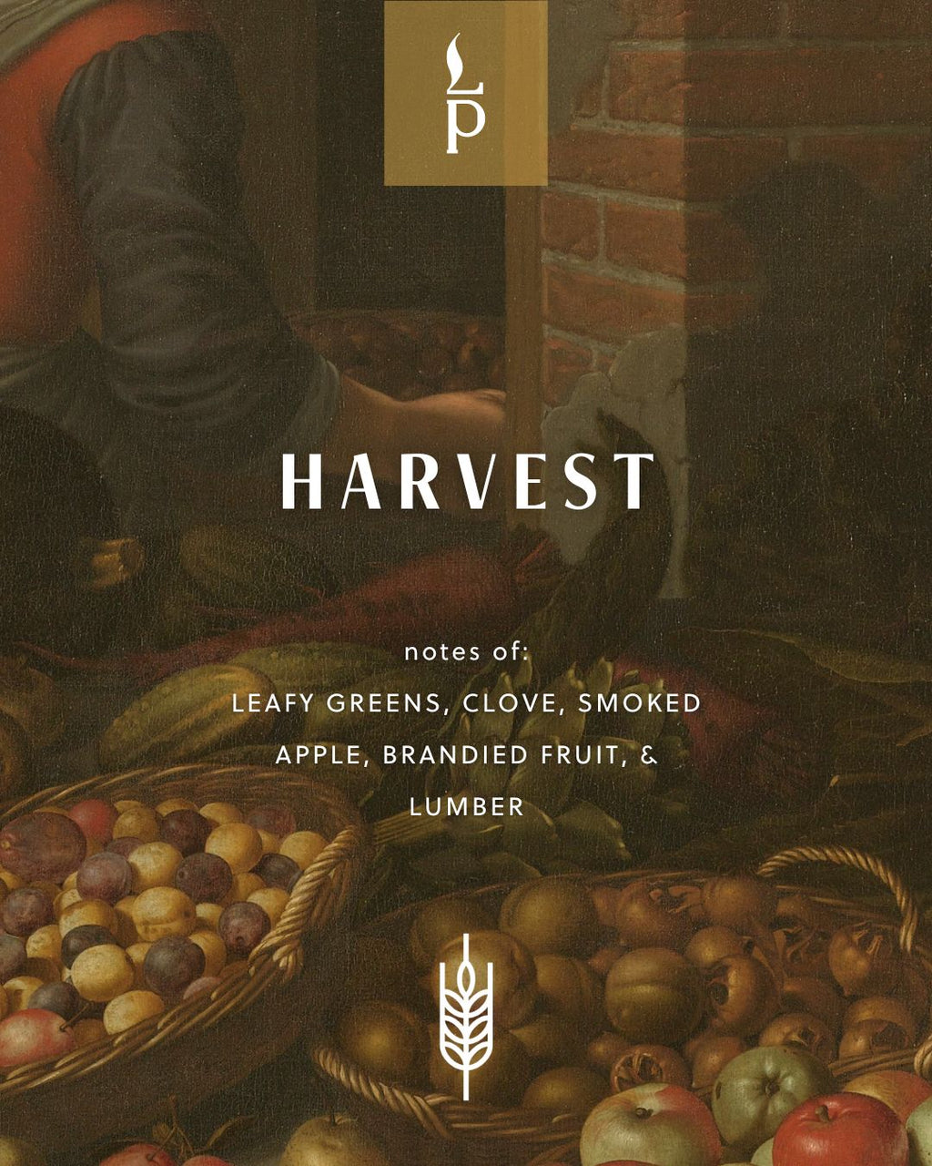 Light Provisions Harvest candle product card with autumn fruit background, signature branding and logo