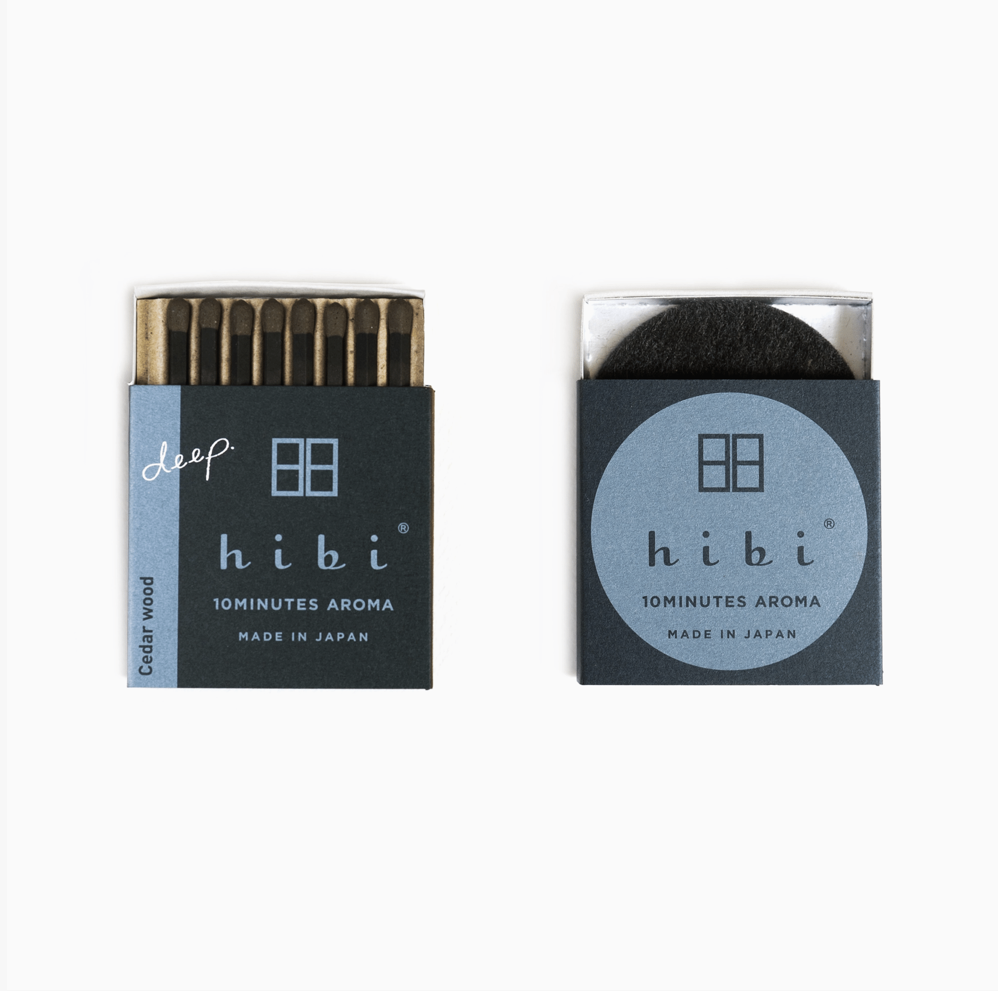 box of cedar wood hibi incense matches and box of included felt pad and tray