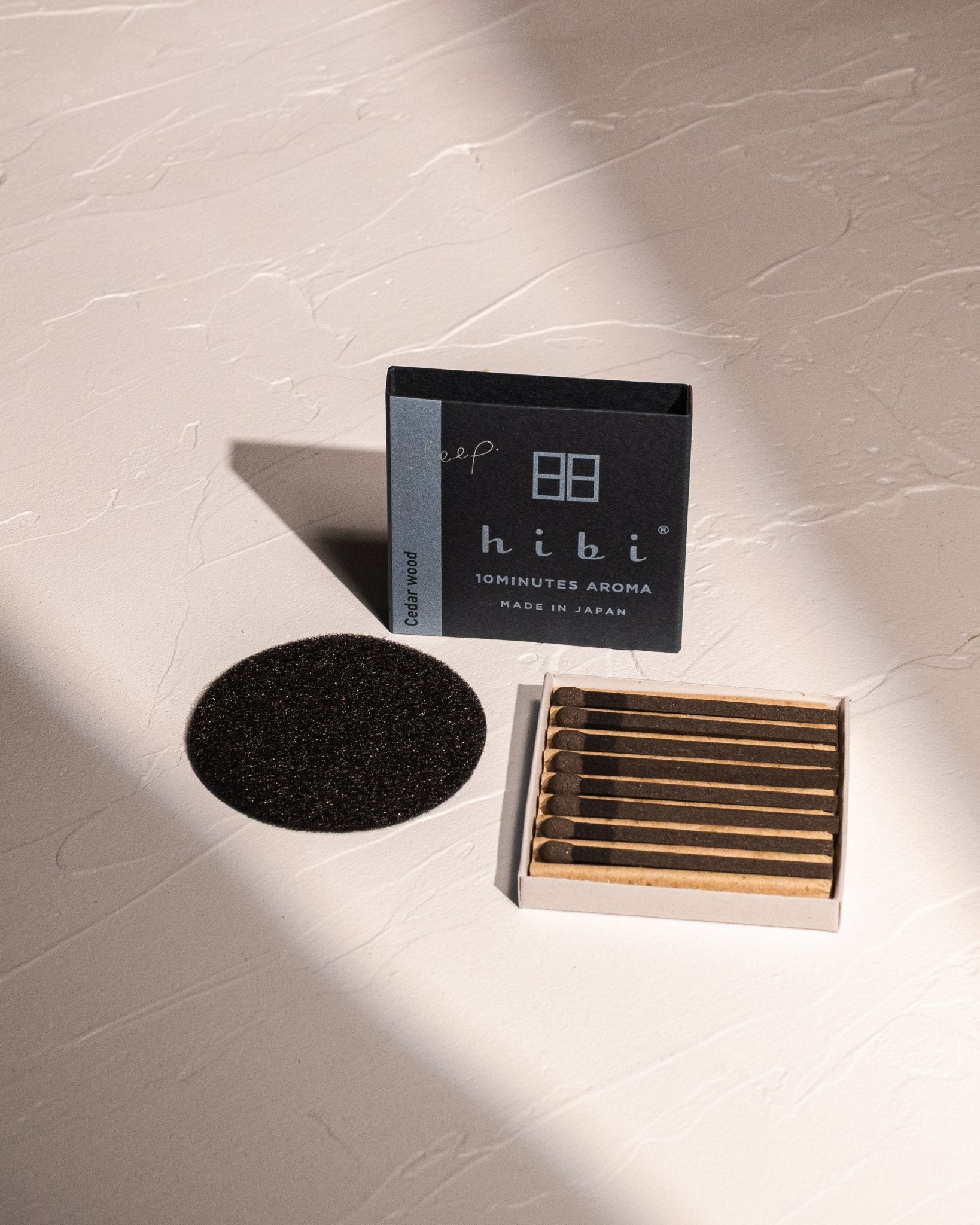 HIBI Cedarwood incense matches with felt mat and match-style incense holder