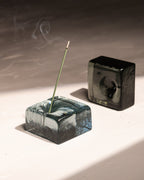 IYE recycled glass incense holders in blue-gray and black-blue, handmade in Japan