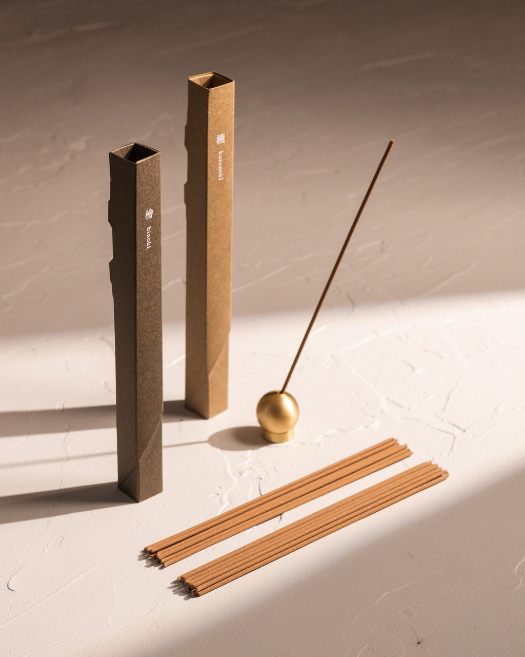 Kousaido Waboku incense in Hinoki and Kusunoki with brass sphere incense holder and incense sticks
