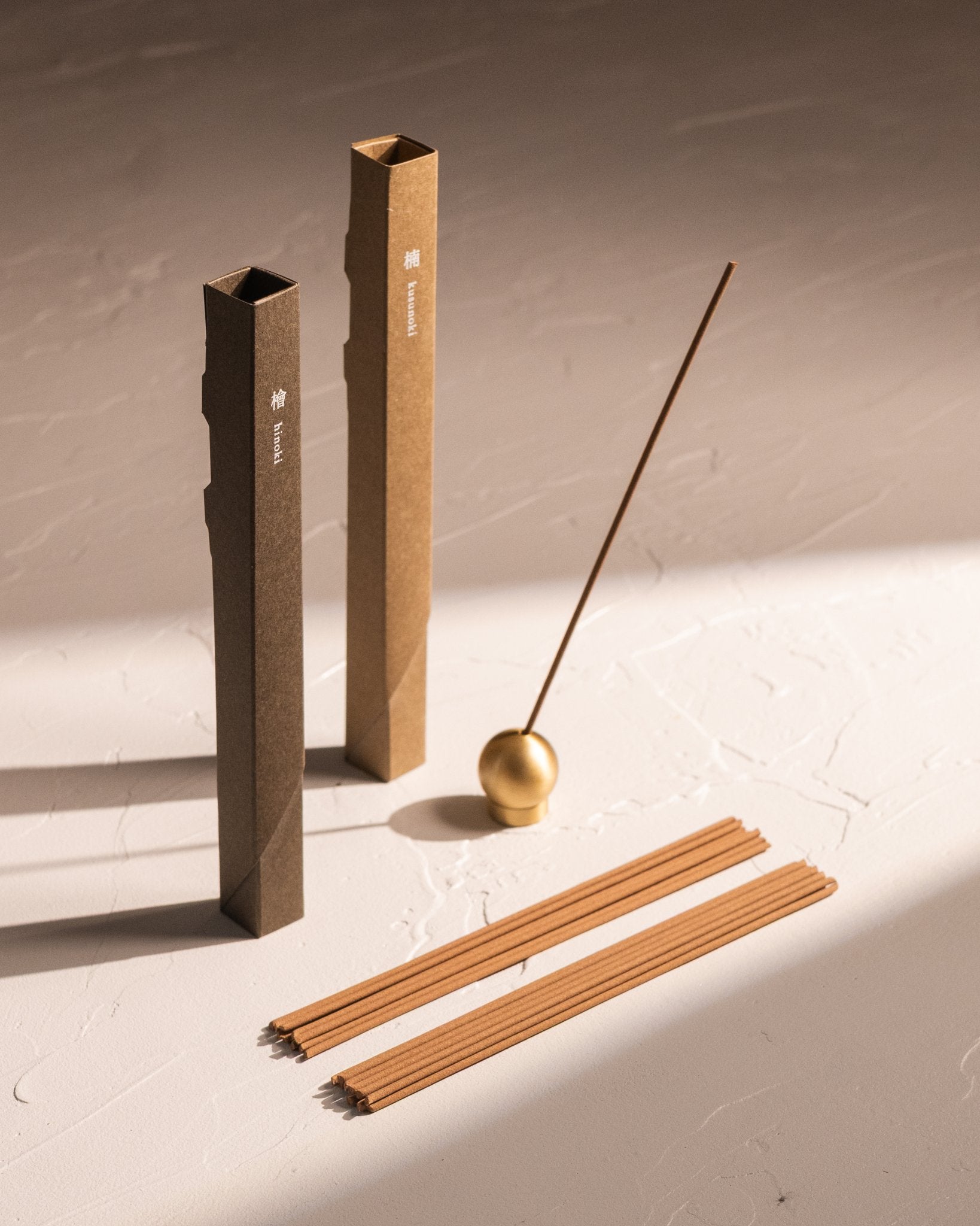 Kousaido Waboku incense in Hinoki and Kusunoki with brass sphere incense holder and incense sticks