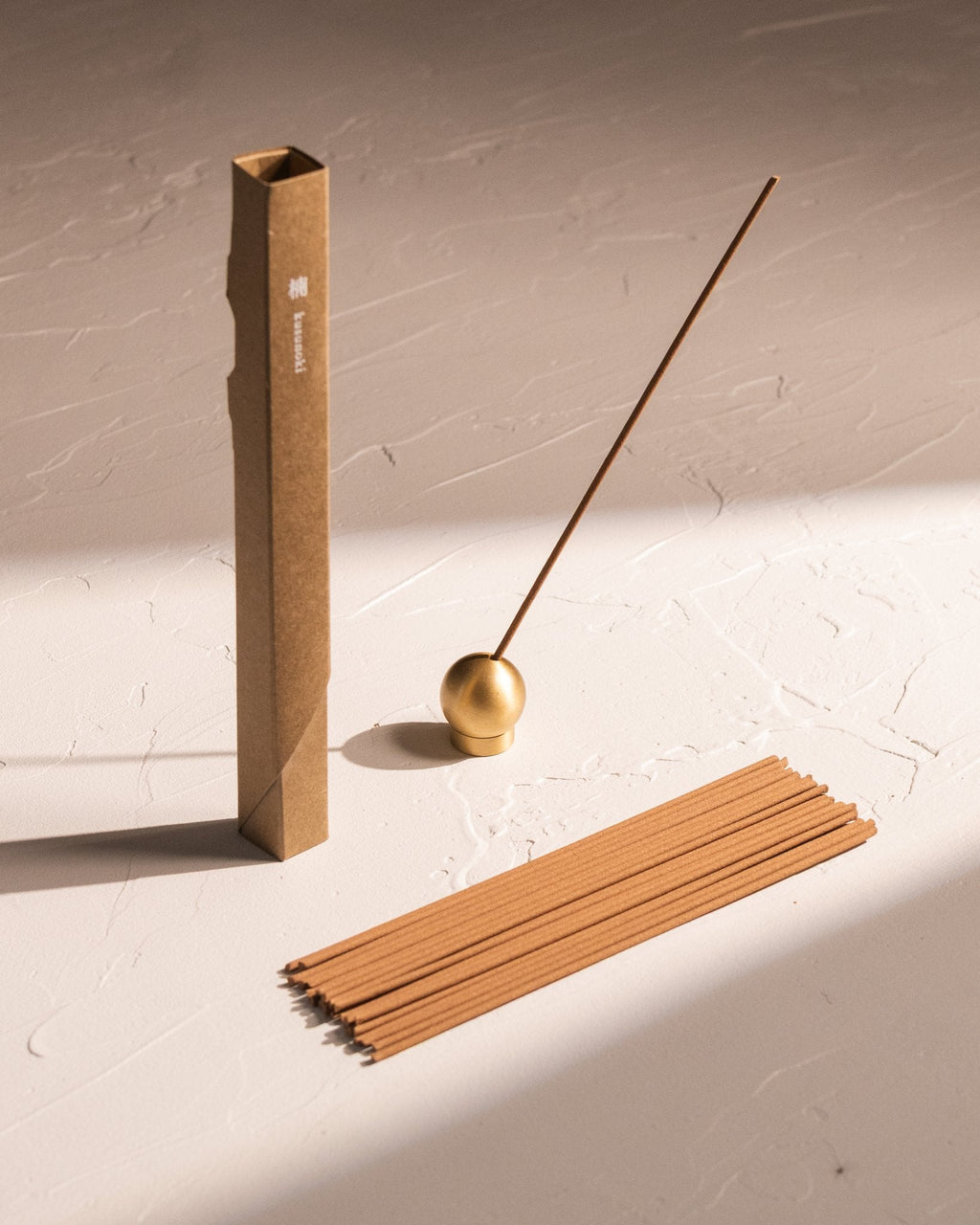 Kousaido Waboku Kusunoki incense with brass holder and Japanese-style paper packaging