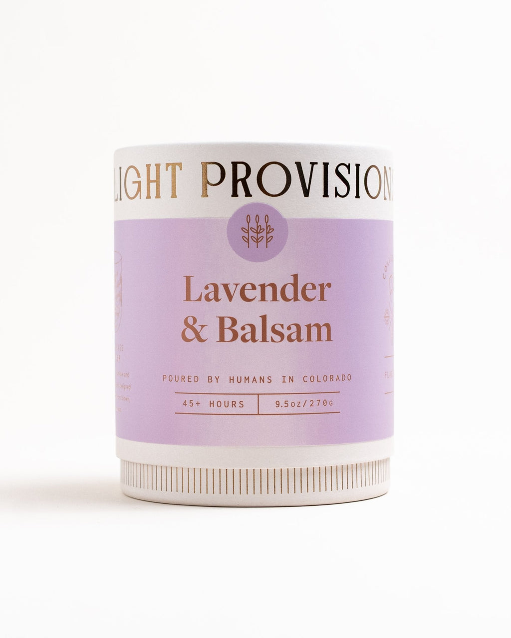 Lavender Balsam Candle in 9.5 oz ribbed glass tumbler with purple label on white background