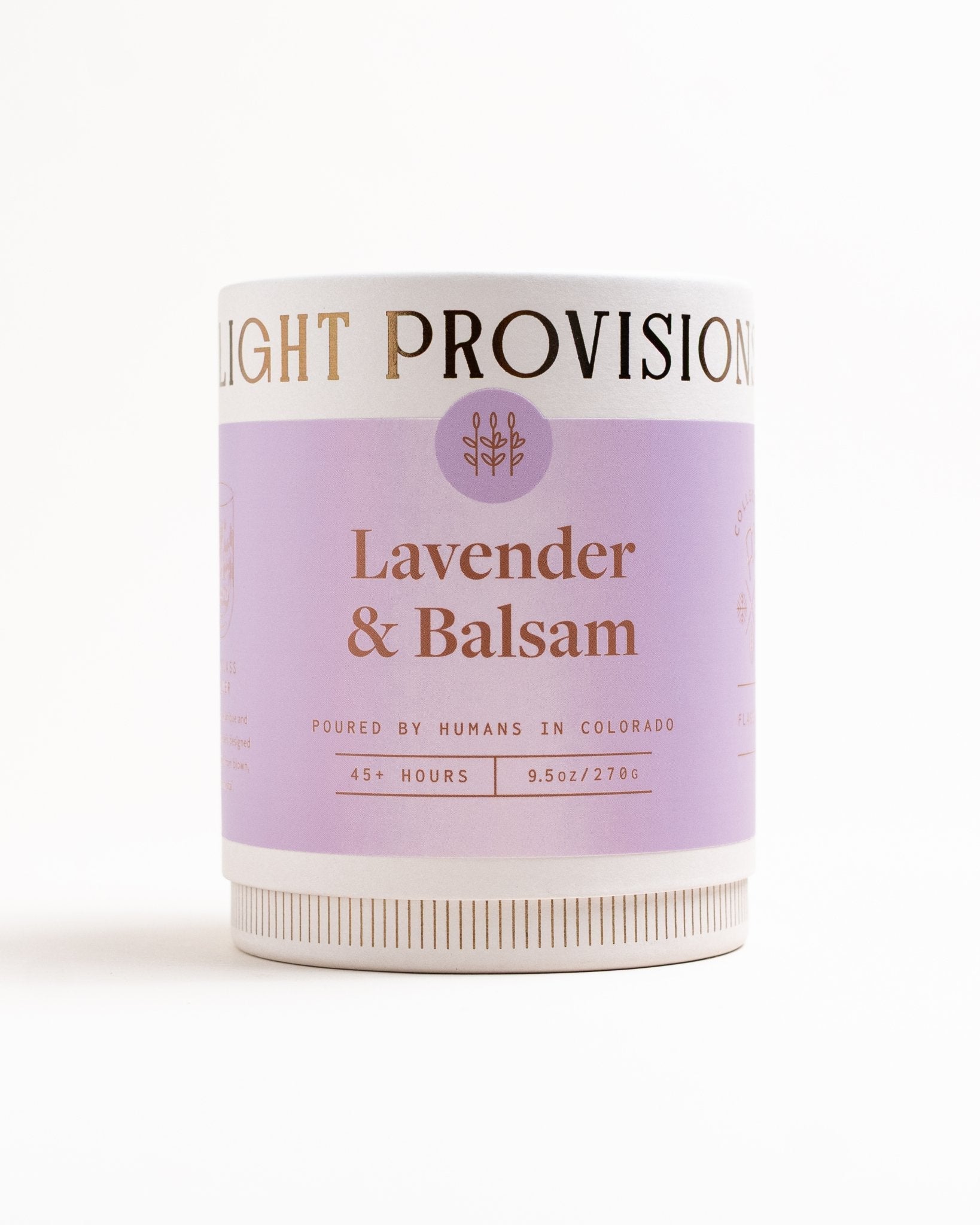 Lavender Balsam Candle in 9.5 oz ribbed glass tumbler with purple label on white background