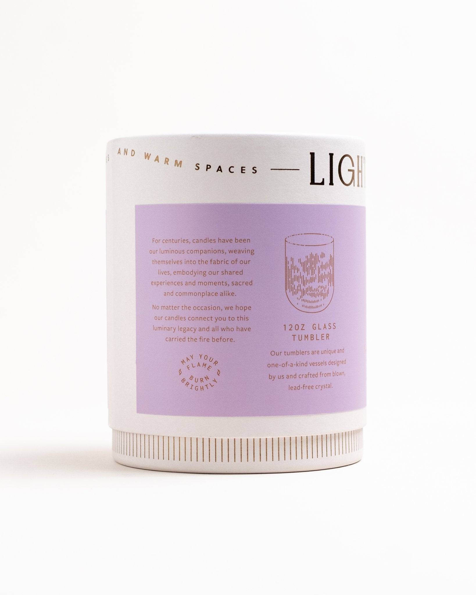 Back view of Lavender Balsam Candle 9.5 oz ribbed glass tumbler with label on white background
