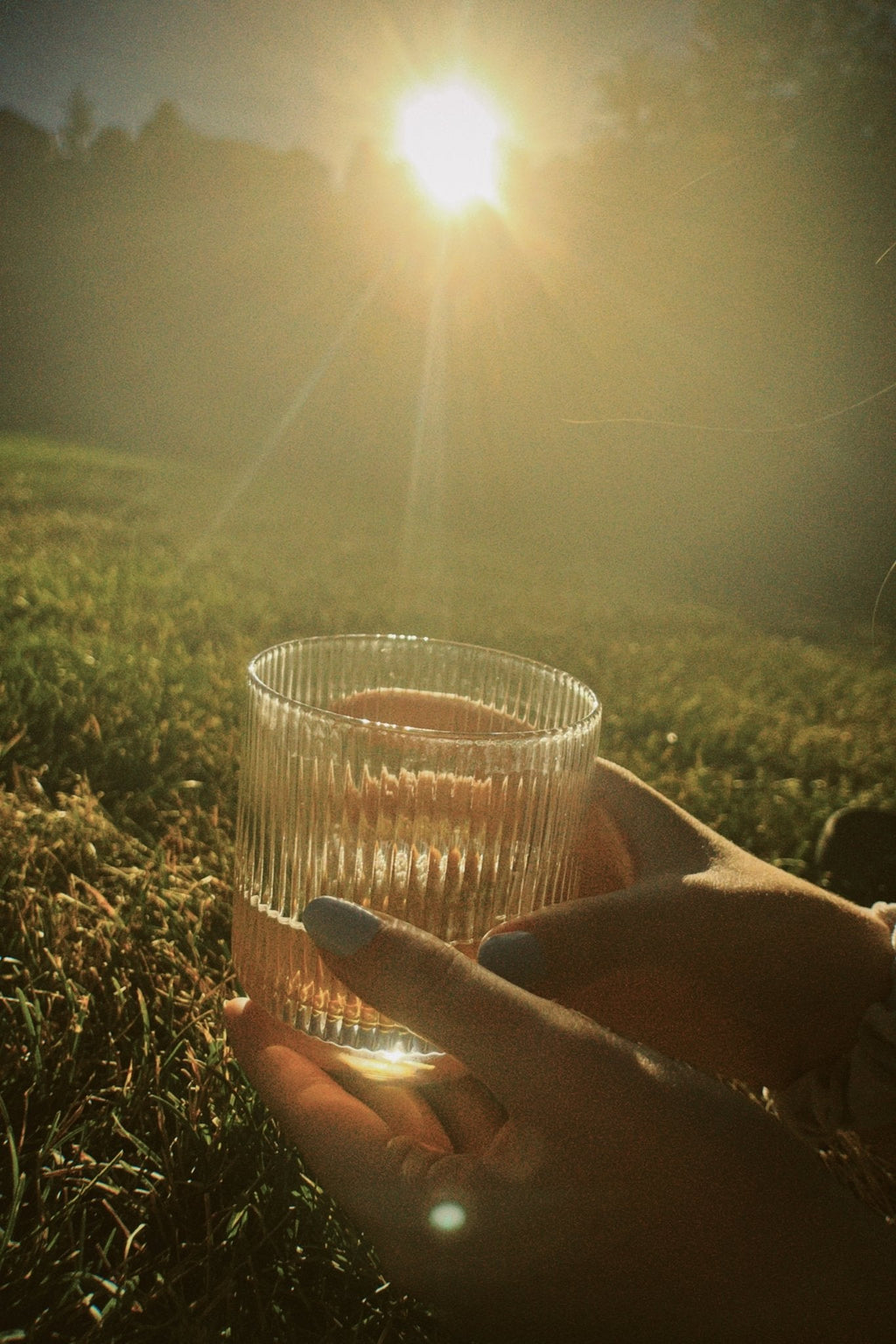 Ribbed clear glass filled with an amber cocktail, held in two hands outdoors in bright sunlight over grass.
