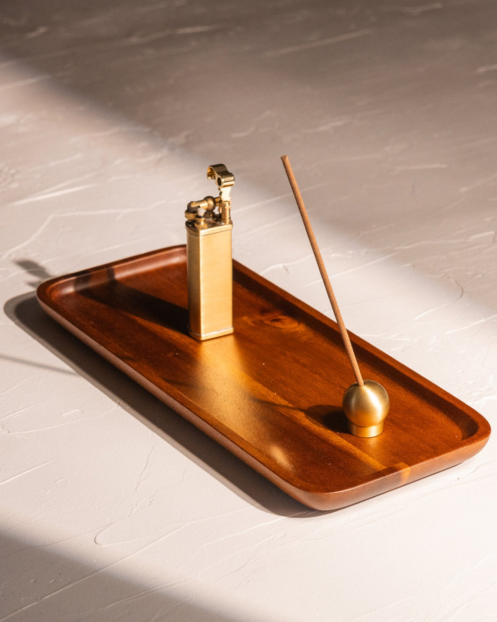Sphere brass incense holder on teakwood tray with coreless incense and tsubota pearl gold bolbo lighter