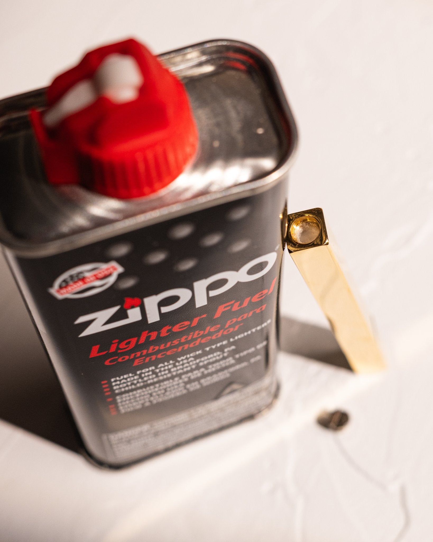 Close-up of Zippo lighter fluid can for refillable wick lighters