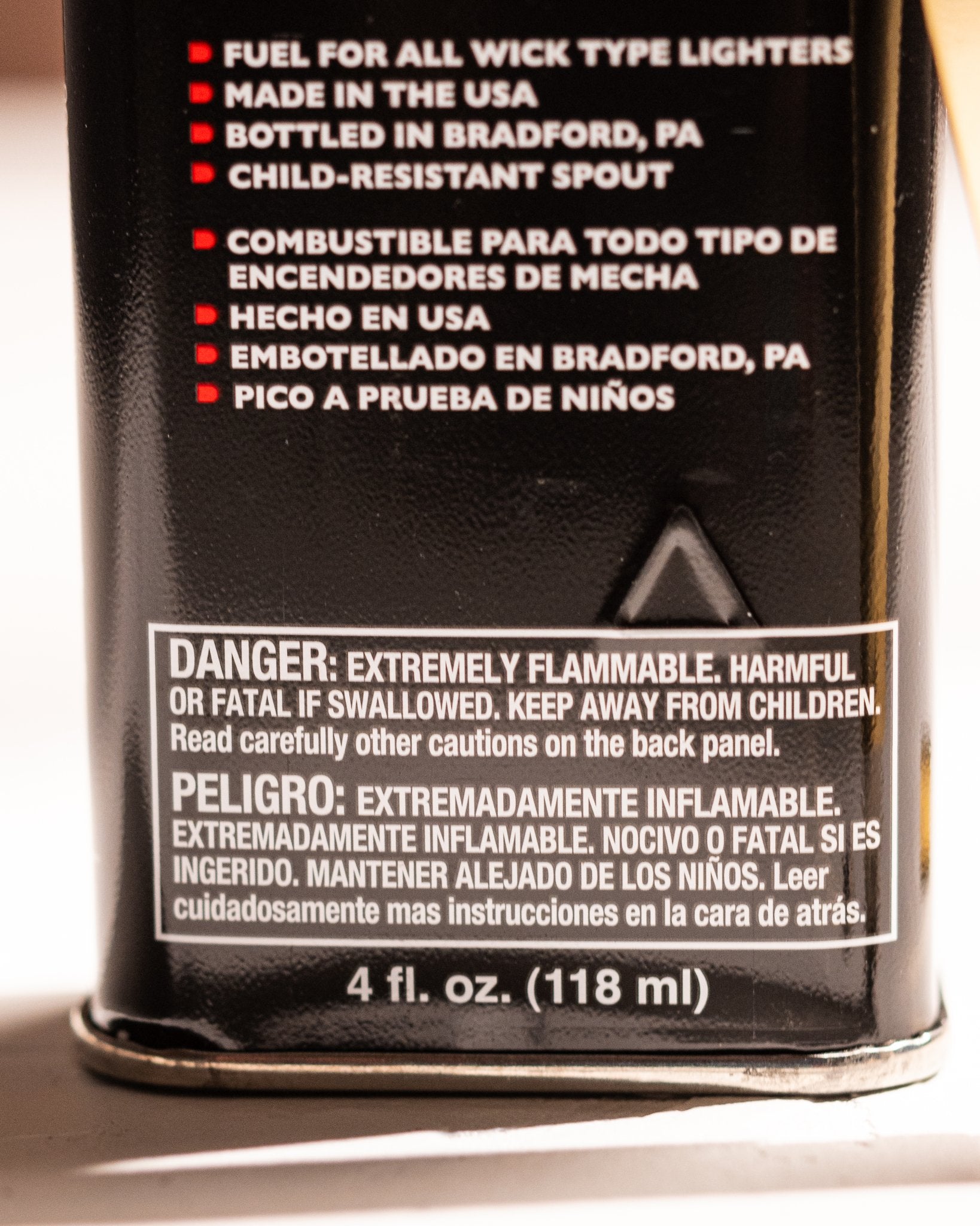 Back label of Zippo premium lighter fluid can