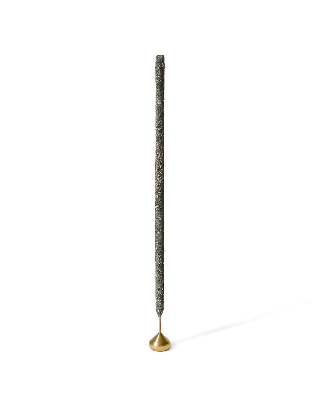 Medium brass waterdrop incense holder with incense stick, shown upright on a clean white backdrop.