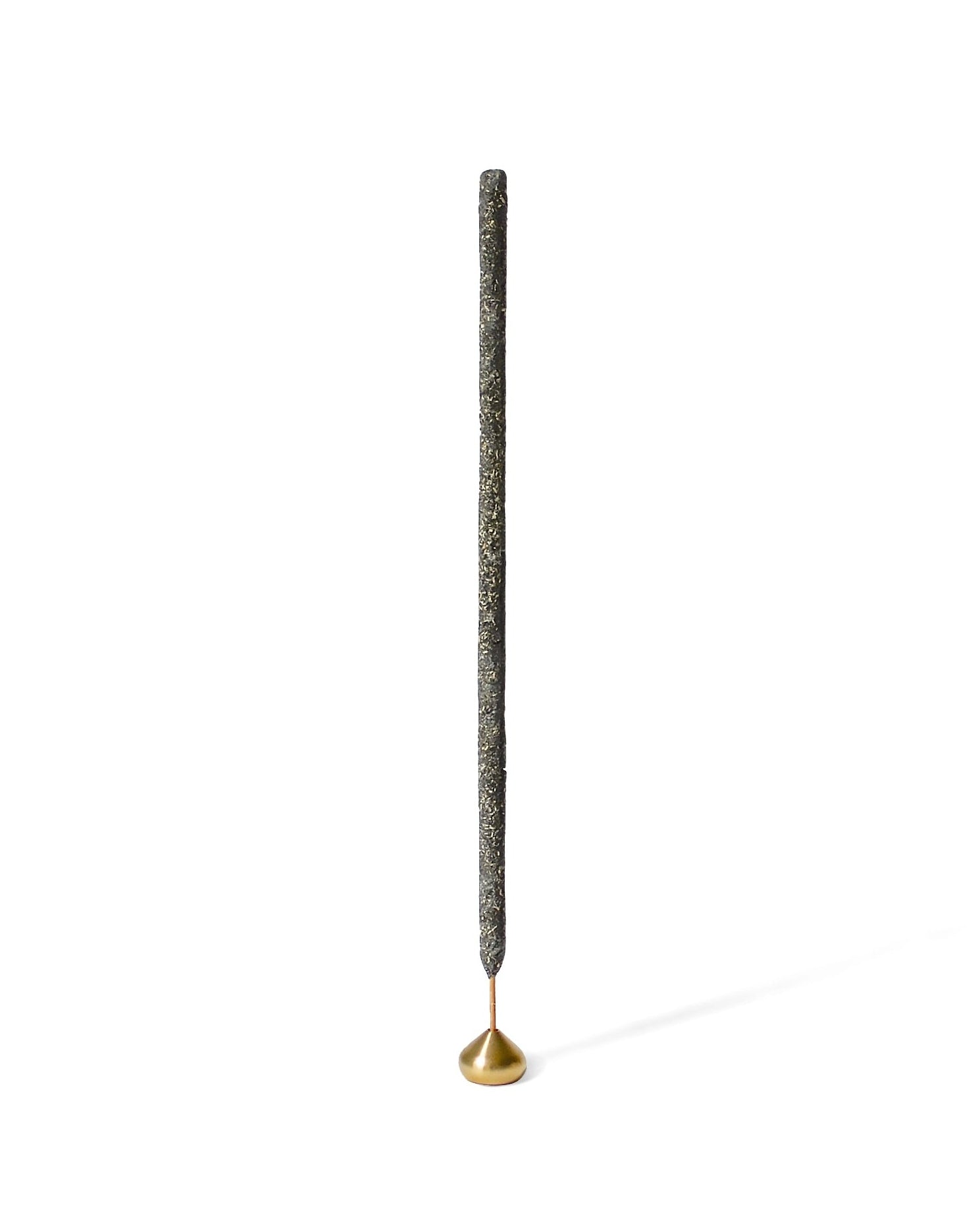 Medium brass waterdrop incense holder with incense stick, shown upright on a clean white backdrop.