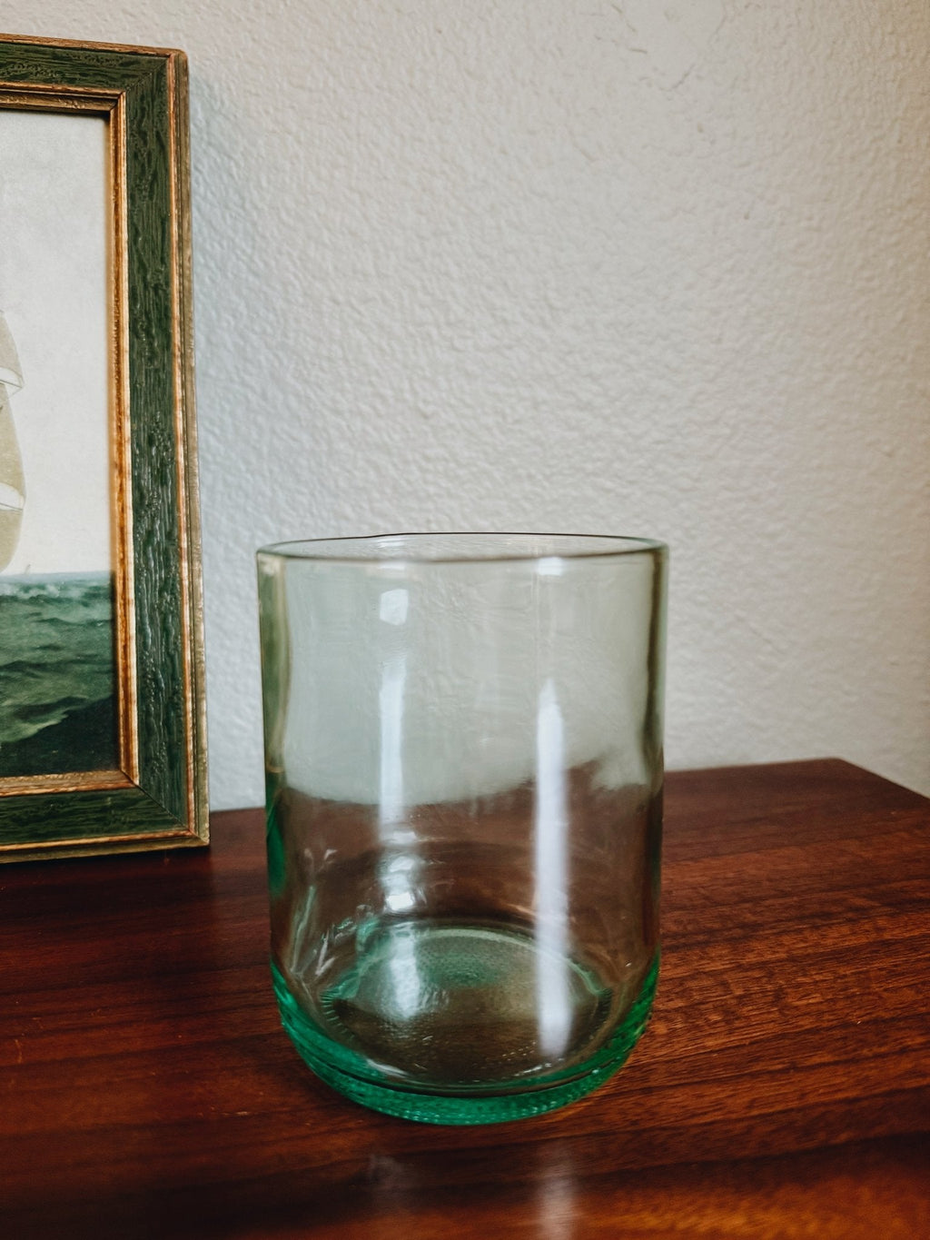 Clear aqua tumbler made from recycled wine bottles, perfect for cocktails or reuse after burning Light Provisions candle.