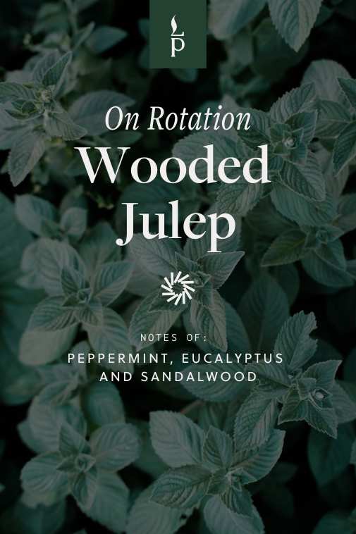 Wooded Julep candle scent card featuring peppermint, eucalyptus, and sandalwood notes over a background of fresh mint leaves
