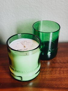 Wooded Julep candle and matching empty Jameson glassware by Light Provisions, both made from upcycled Irish whiskey bottles