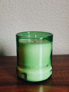 Wooded Julep mint and sandalwood candle poured in green Jameson glass with etched lettering, handcrafted by Light Provisions.