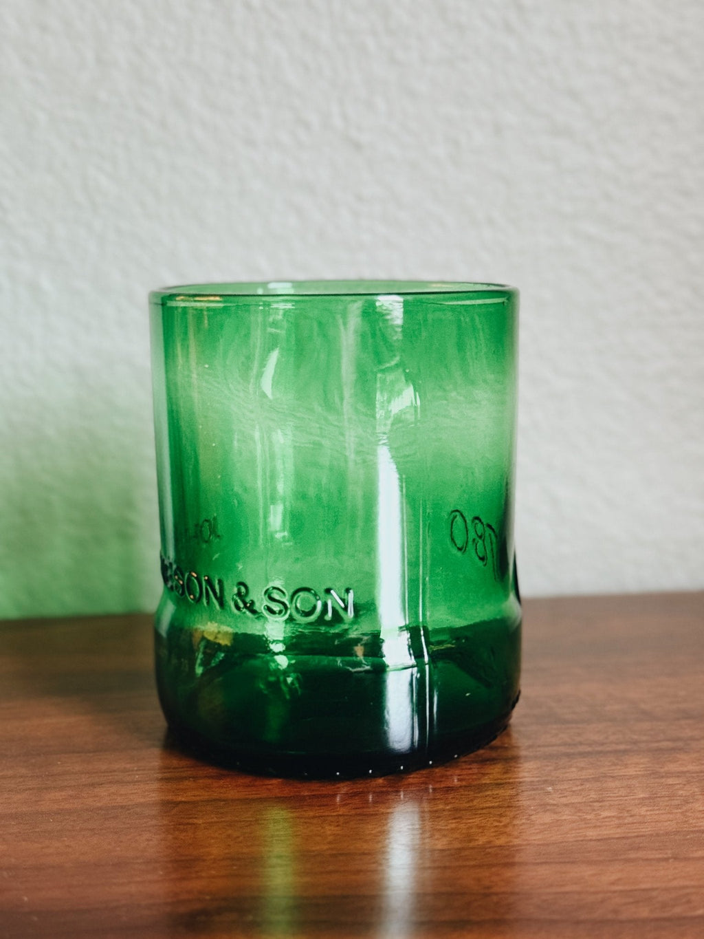 Green recycled Jameson whiskey bottle Tumbler glass featuring embossed ‘John Jameson & Son’ and ‘1780’ text