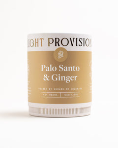 Light Provisions Palo Santo & Ginger 9.5 oz tumbler candle packaging, front label, on white background.