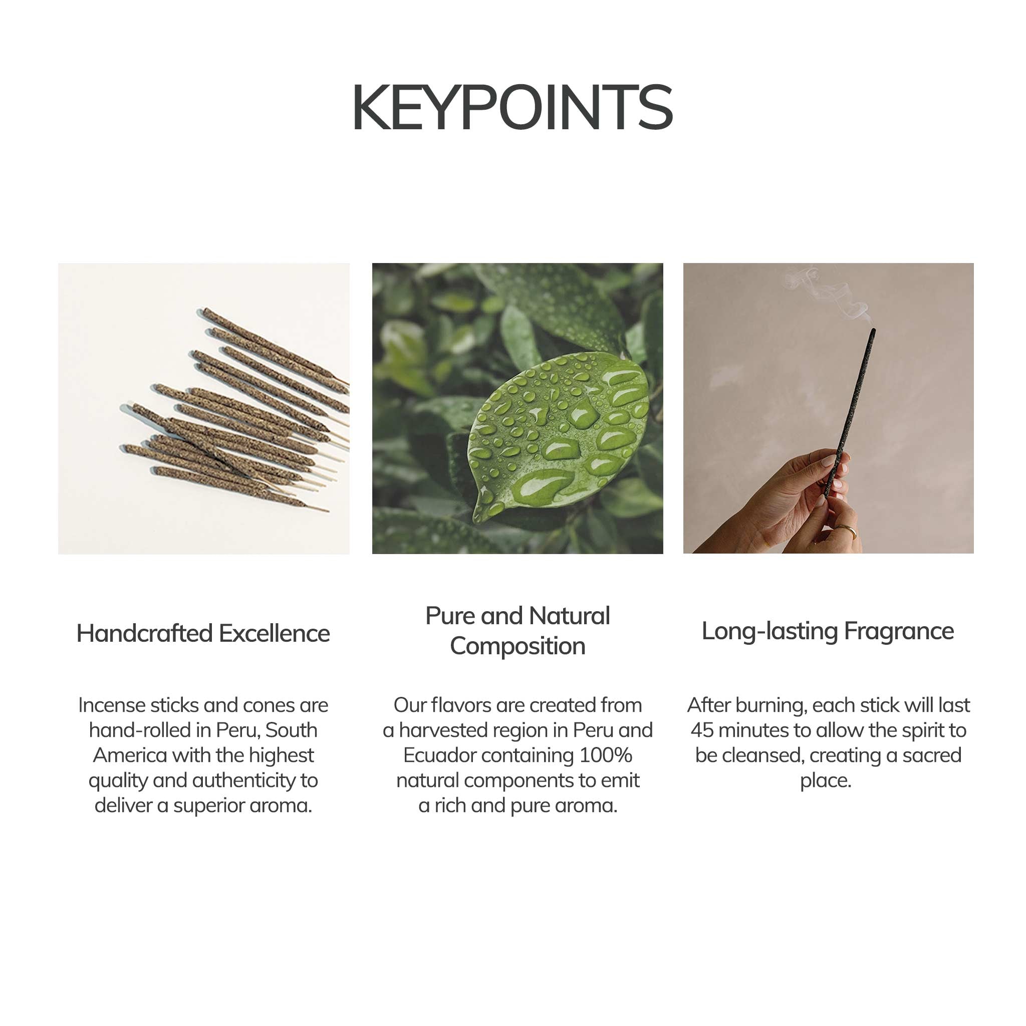 Key points card highlighting Palo Santo incense features, materials, and traditional use.