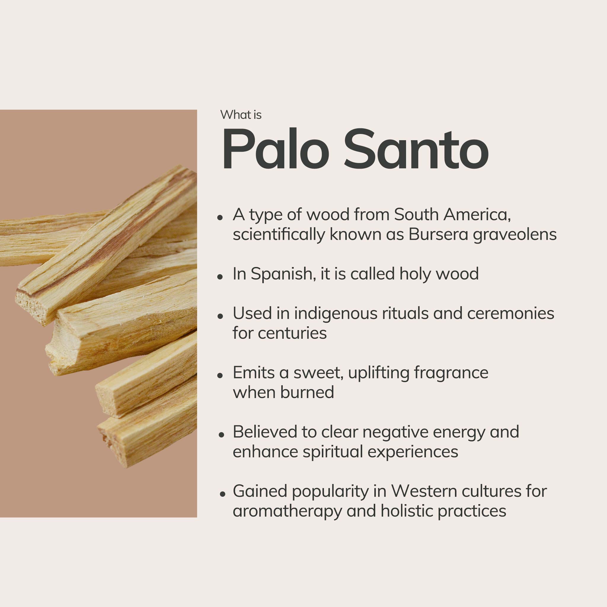 Palo Santo hand-rolled incense packaging with ingredient and sourcing details, photographed on a warm surface.