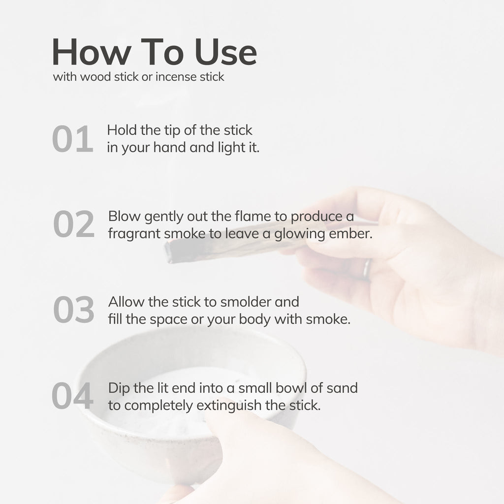 Instruction card showing how to use Palo Santo hand-rolled incense, photographed in soft natural light.