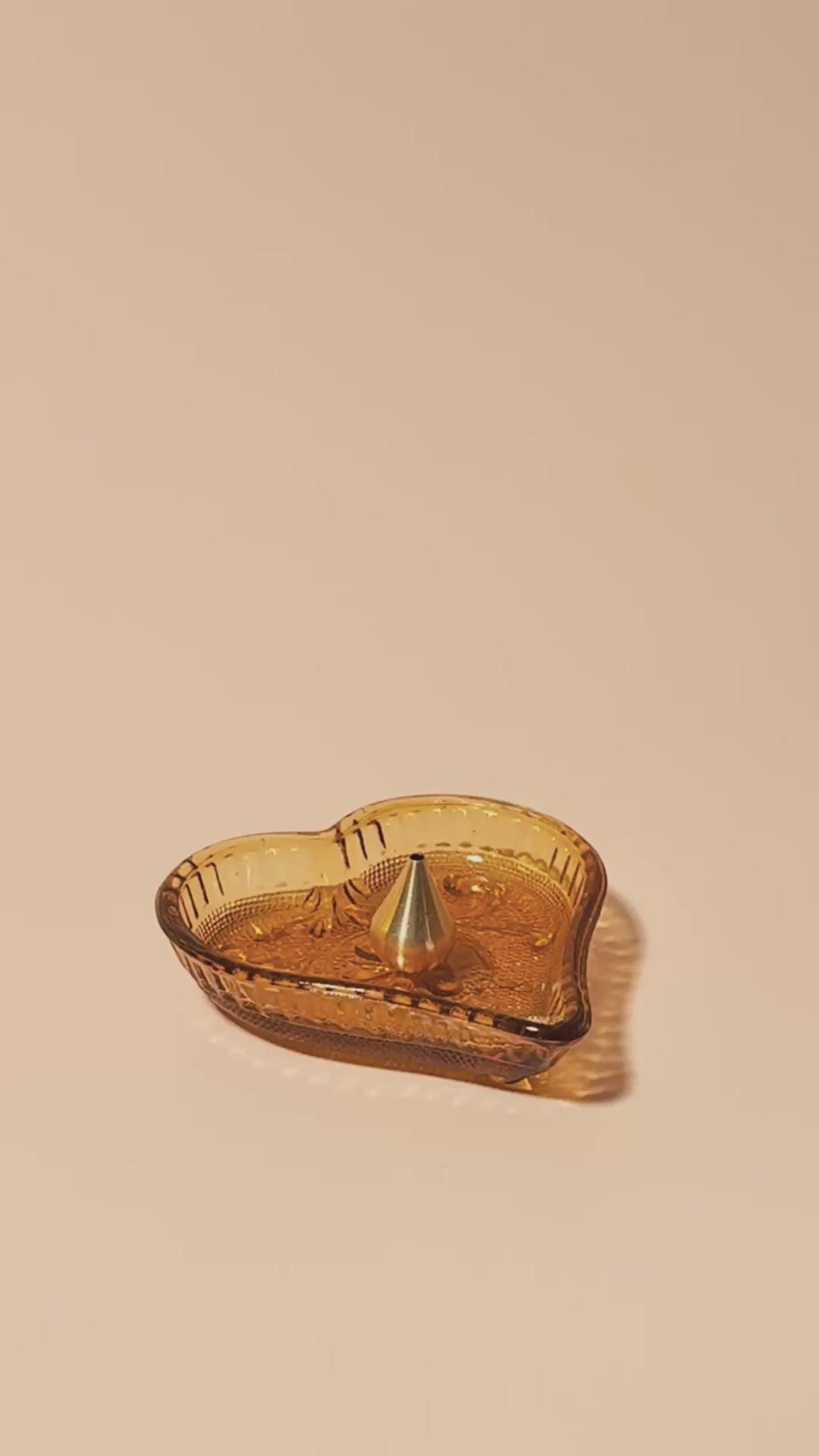 Vintage Tiara “Sandwich Amber” pressed heart shaped glass with brass incense holder