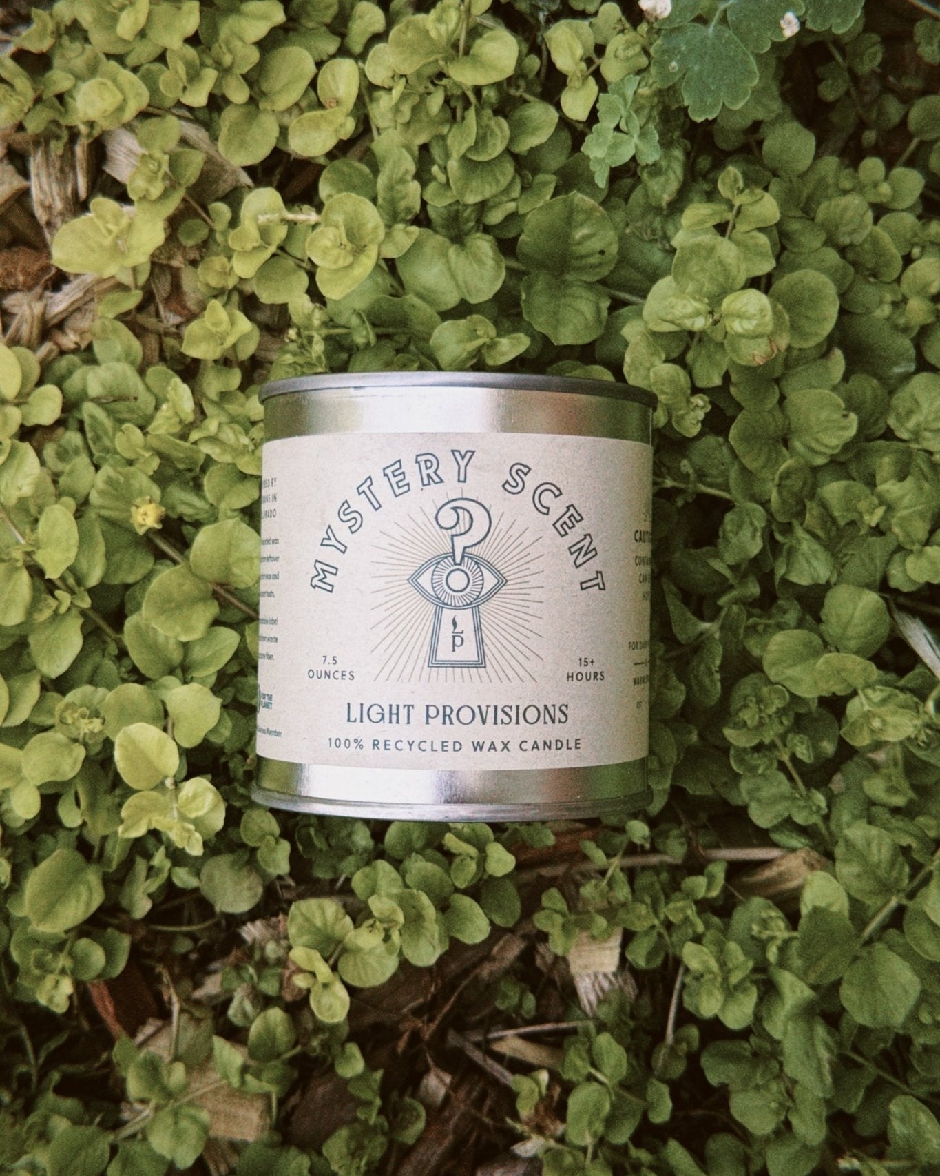 Recycled wax Mystery Candle nestled among lush green foliage outdoors