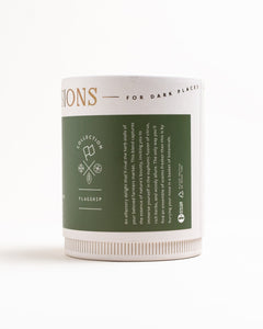 Side panel of Rosemary & Cedar box with flagship collection icons and scent description, on white background.