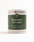 Light Provisions Rosemary & Cedar 9.5 oz tumbler candle packaging, front green label, on white background.
