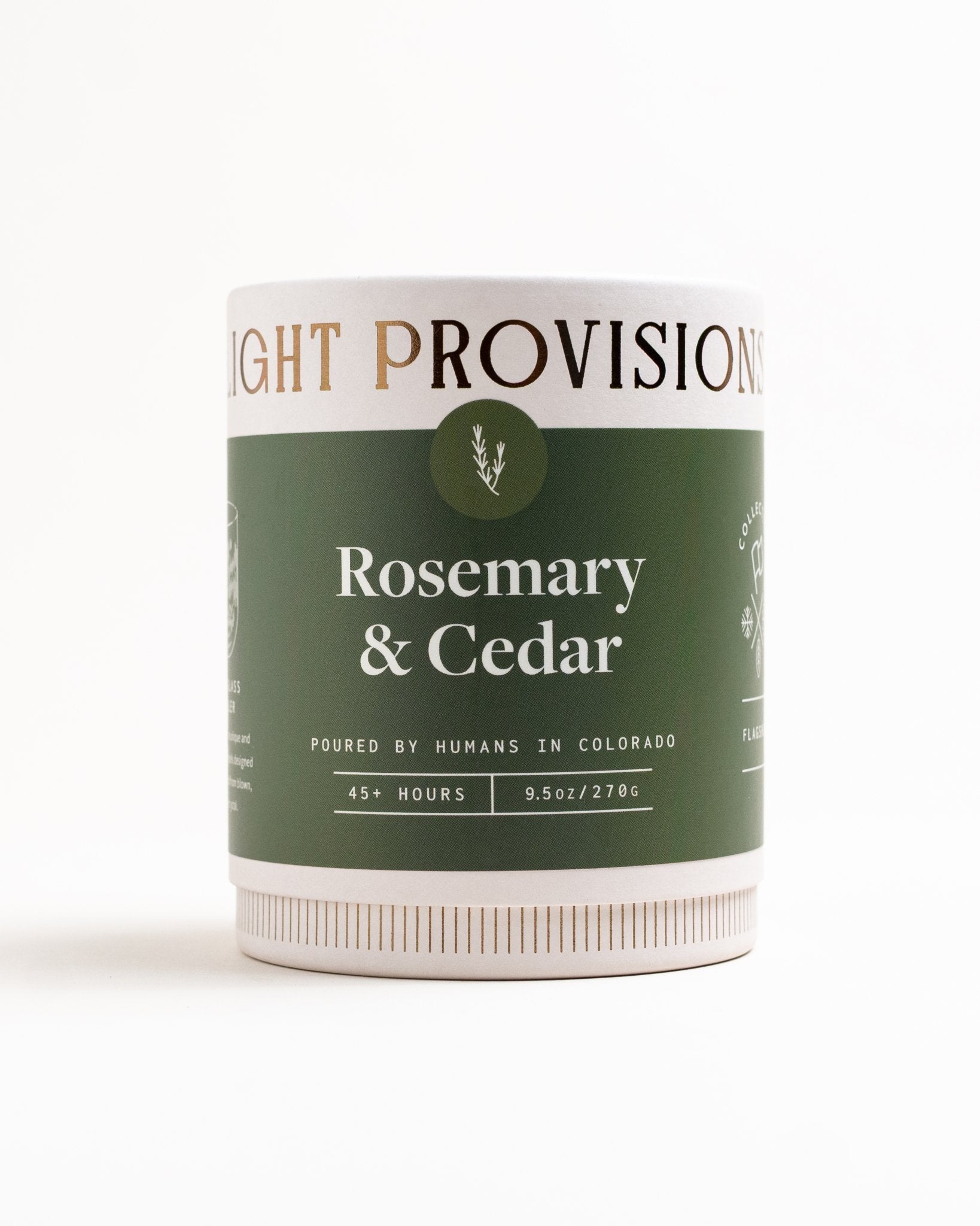 Light Provisions Rosemary & Cedar 9.5 oz tumbler candle packaging, front green label, on white background.