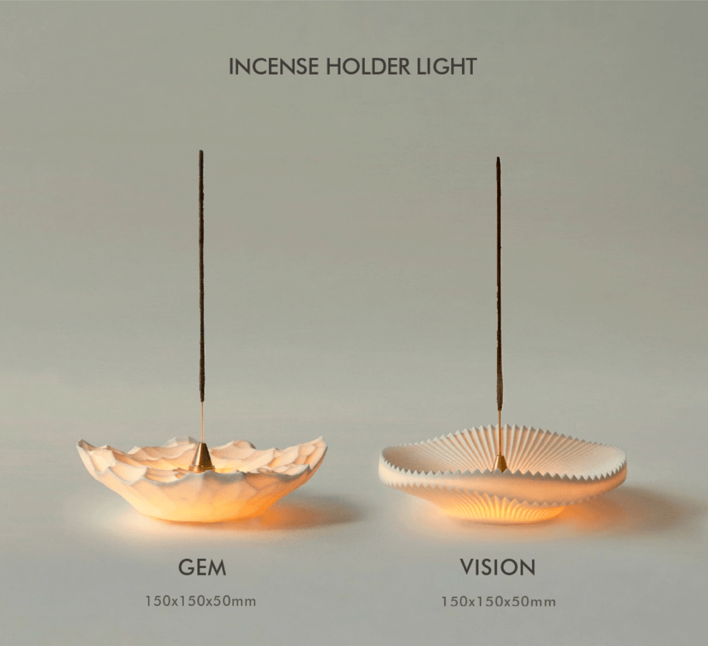 Gem and Vision ceramic incense holders shown side by side with incense sticks, labeled for size and style comparison.