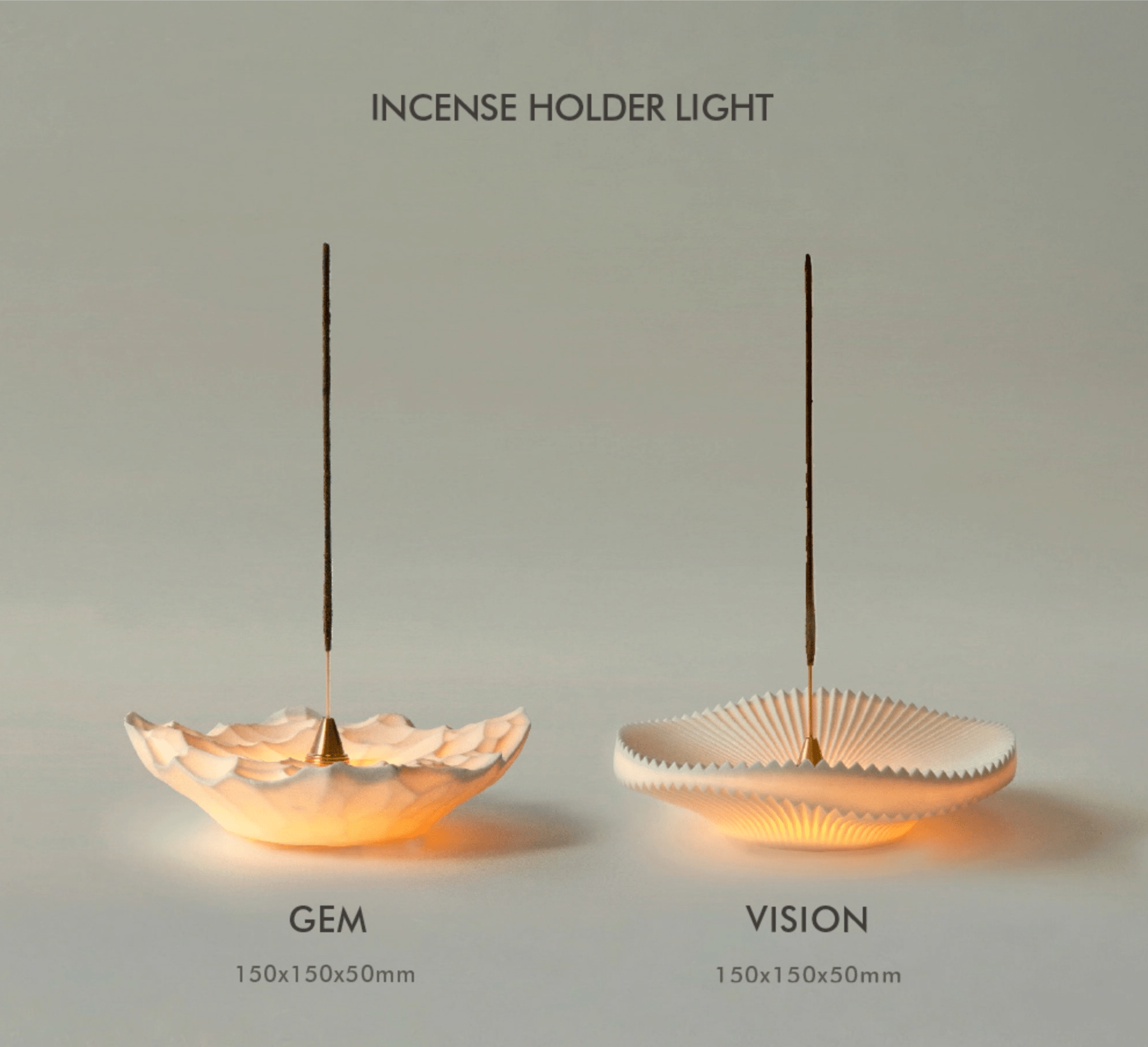 Gem and Vision ceramic incense holders shown side by side with incense sticks, labeled for size and style comparison.